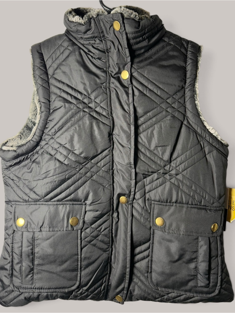 NWT Valerie Stevens Reversible Faux Fur Quilted Puffer Vest Black Gray L